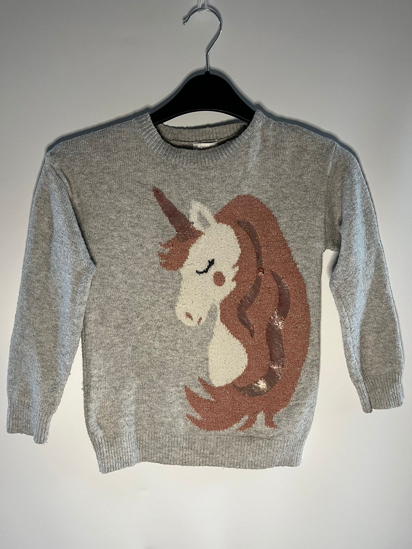 Preloved Next grey unicorn jumper size 6 years. Little drums.