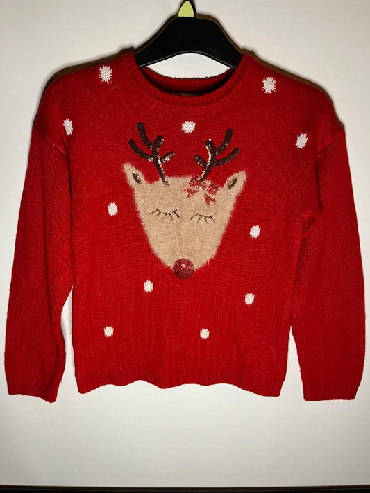 Preloved Miss Evie red reindeer Christmas jumper size 9 to 10 years. Little Drums