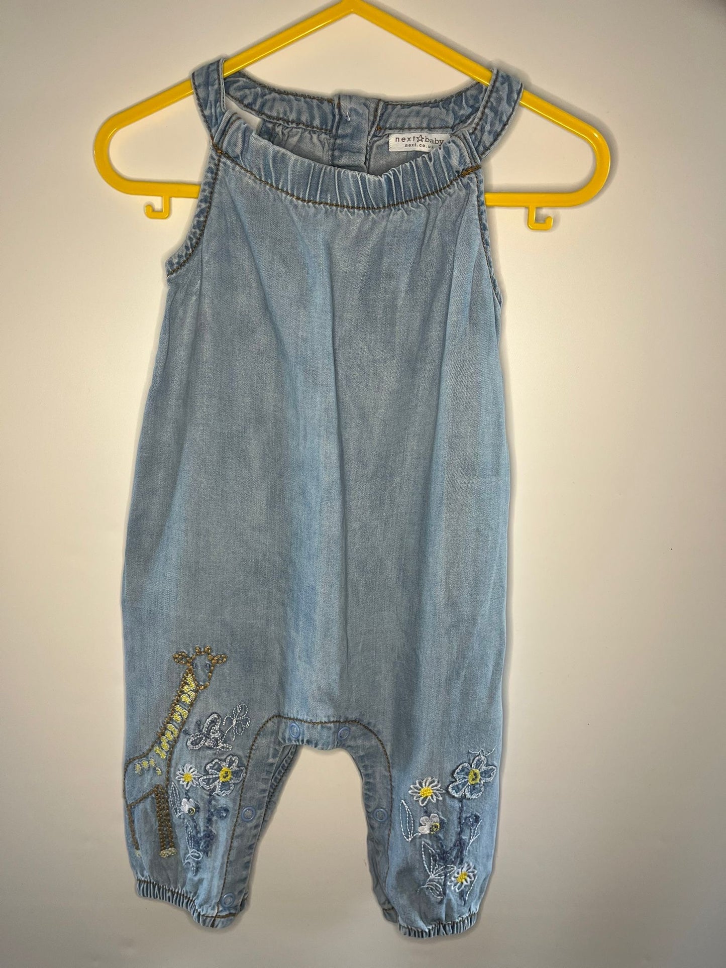 Blue denim baby romper with floral embroidery next preloved little drums 3-6 months