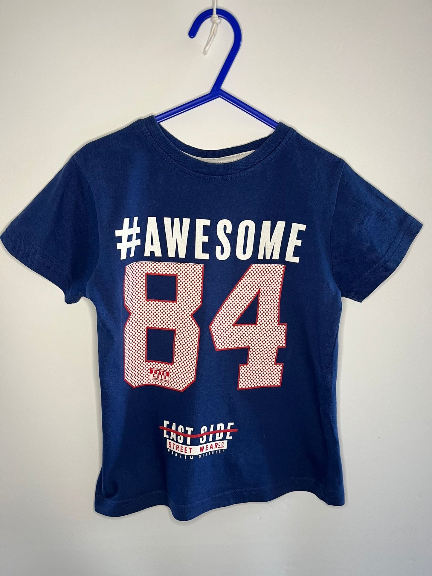 Navy blue t-shirt with '#AWESOME 84' print on Primark little drums preloved
