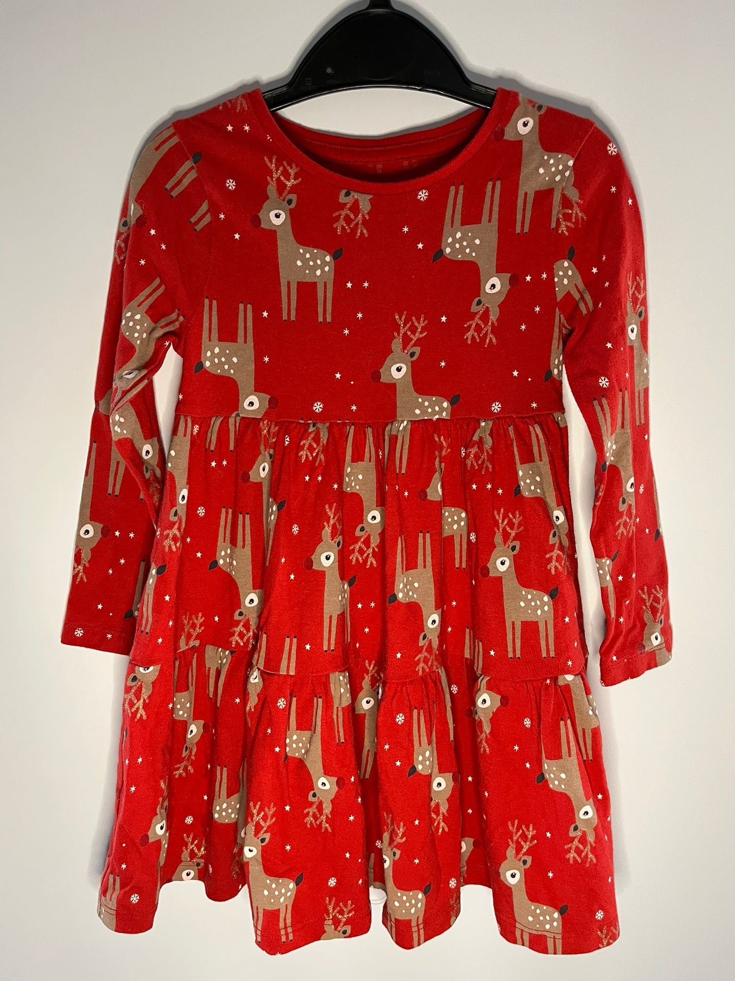 Preloved F&F red reindeer dress size 3 to 4 years. Little Drums.