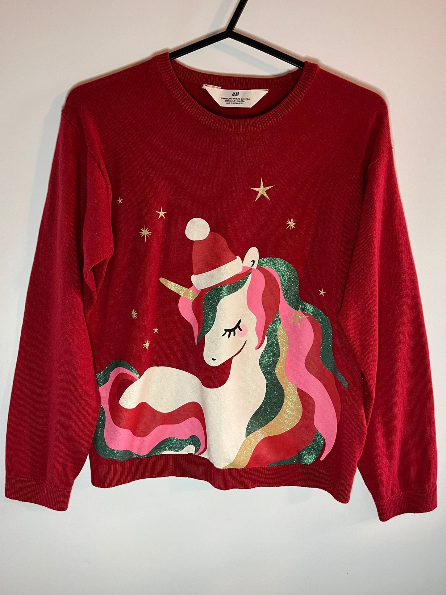 H&M red unicorn christmas Jumper - Preloved / Little drums