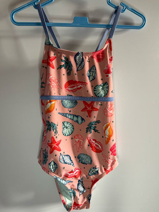 Fat face pink and blue shell swimming costume. Size 3 to 4. Preloved - Little drums