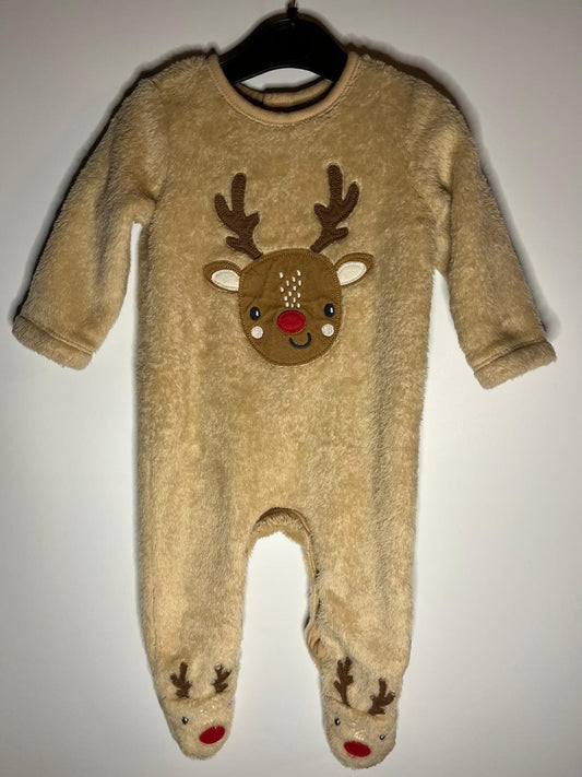 Preloved Nutmeg beige reindeer Christmas sleepsuit size 3 to 6 months. Little Drums.