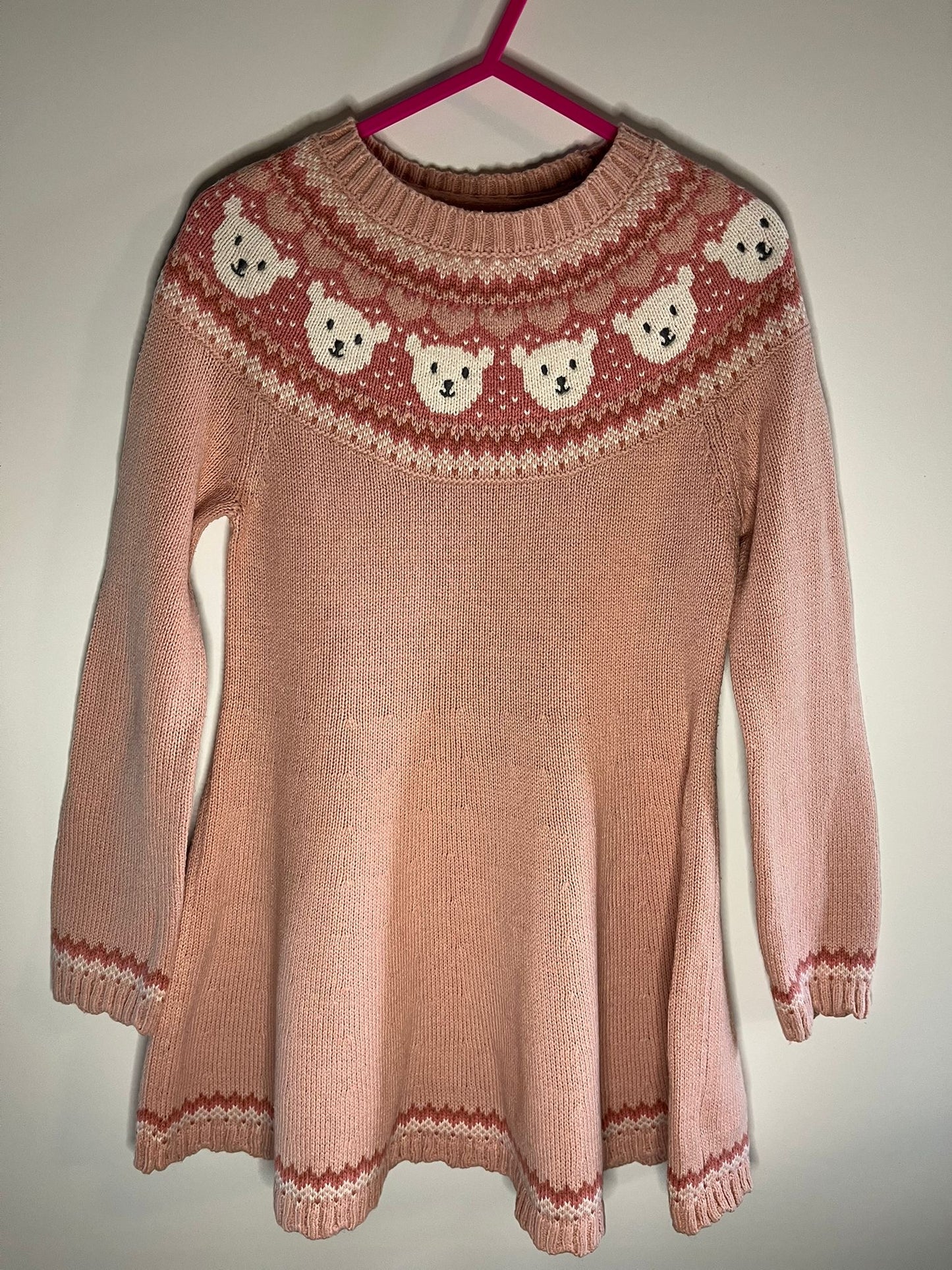 Pink knitted polar bear dress, bopster and mimi preloved little drums