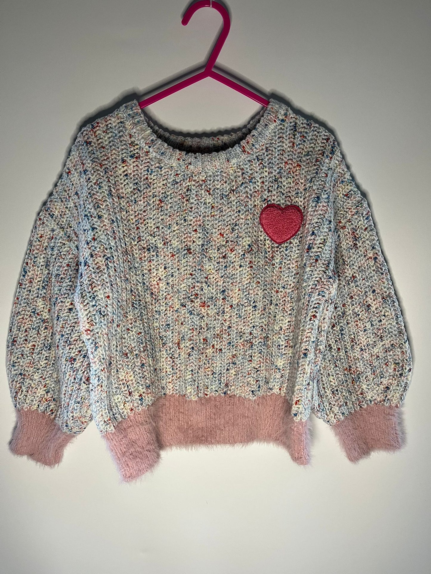 Preloved Primark Multicolored sweater with a red heart patch size 5 to 6 years. Little Drums