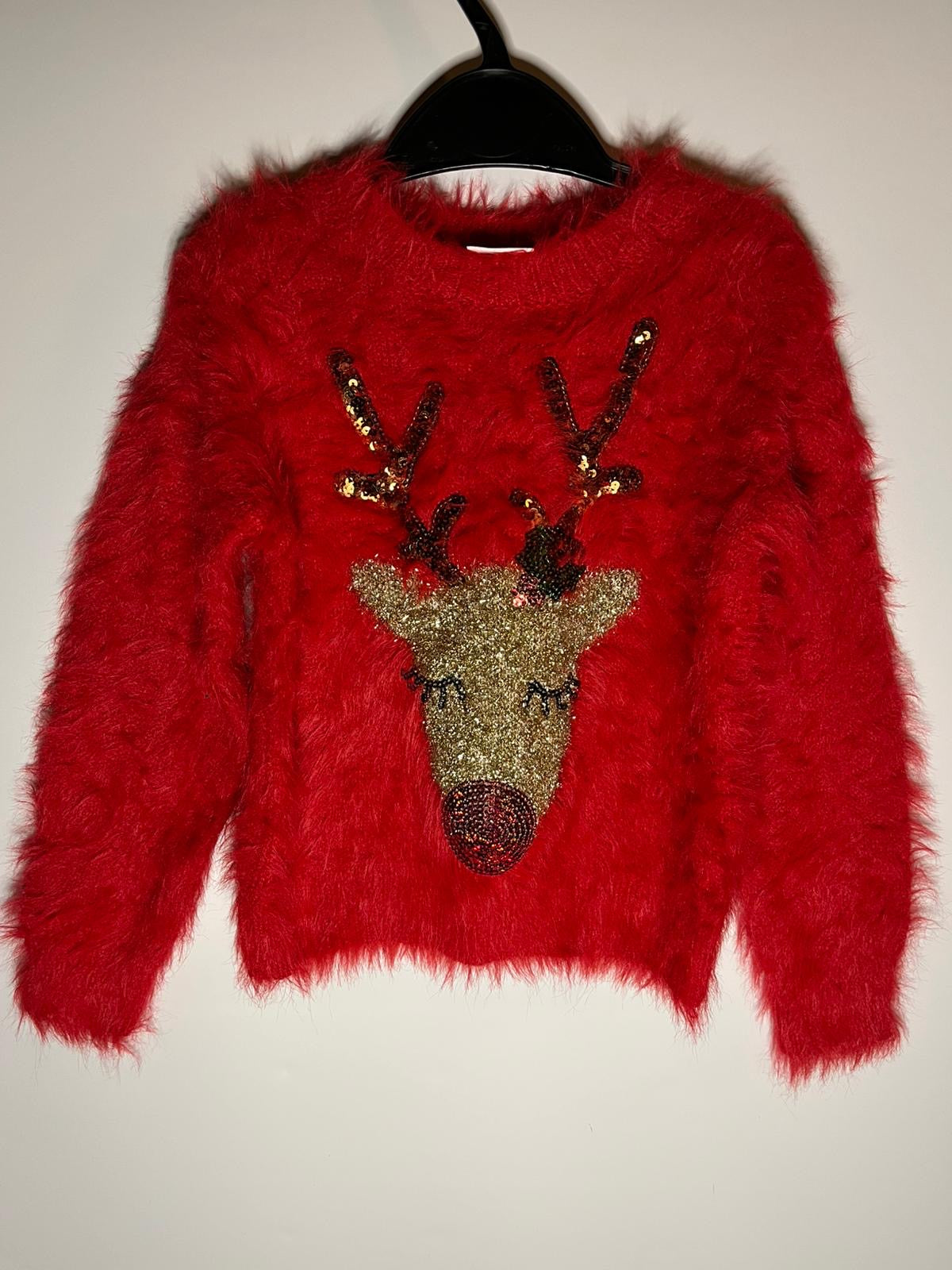Preloved F&F red fluffy reindeer Christmas jumper size 4 to 5 years. Little Drums