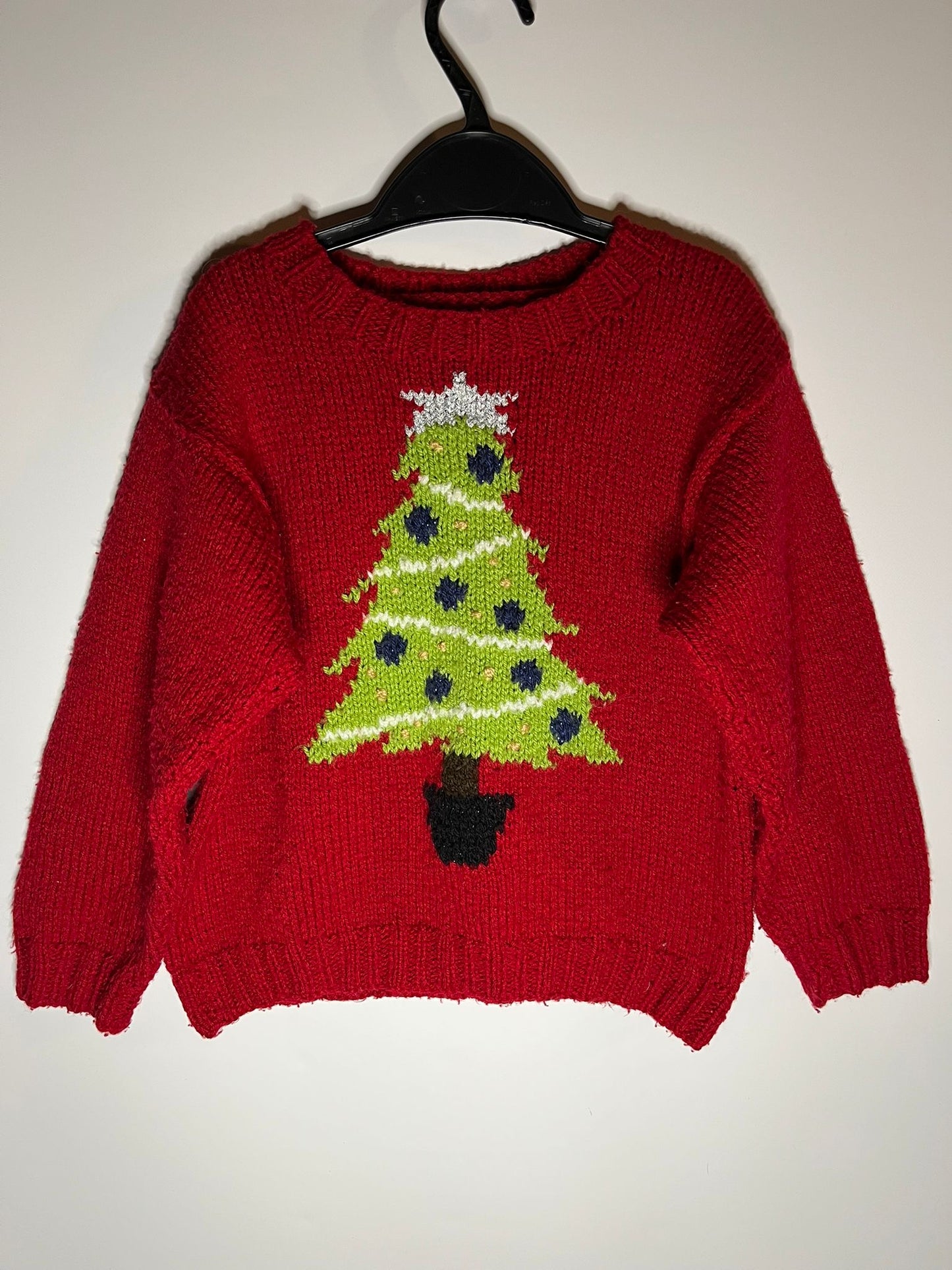 Preloved red handmade Christmas tree jumper. Size 3 to 4 years. Little Drums