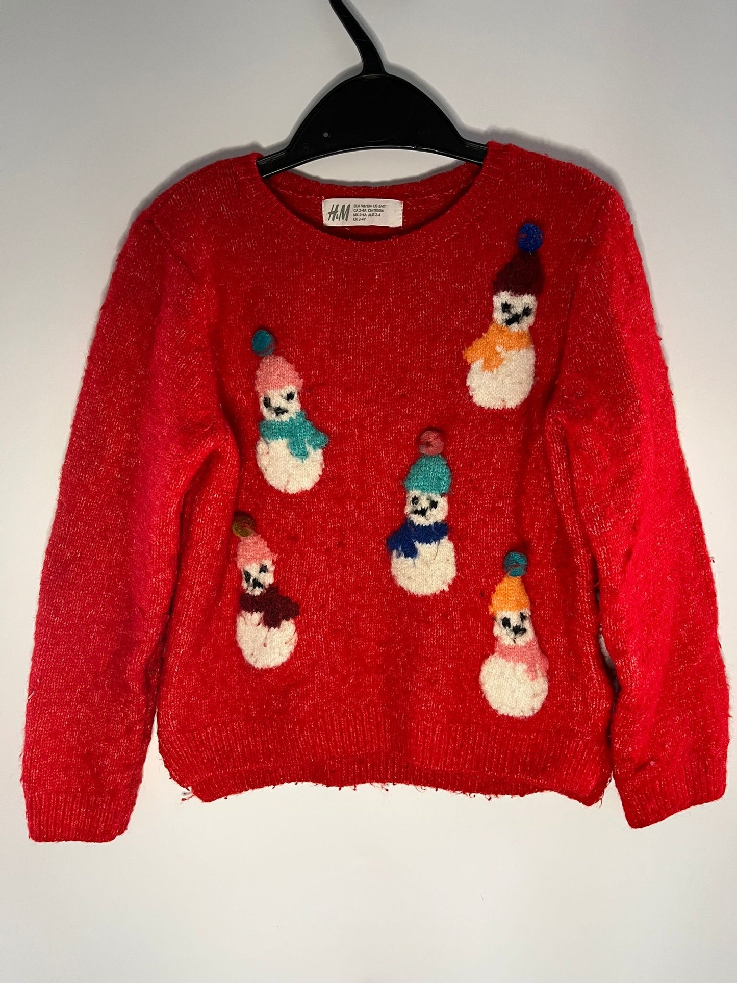 Preloved H&M red snowman Christmas jumper size 2 to 4 years. Little Drums.