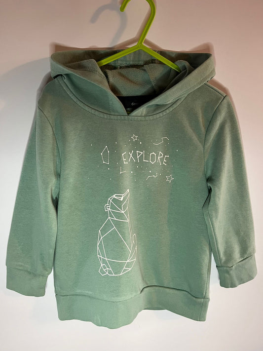 Green hoodie with 'Explore' design. George - Preloved little drums 
