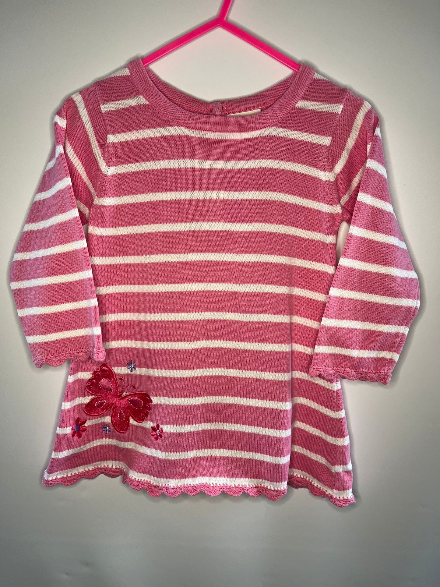 Pink and white striped dress with a flower detail BHS preloved little drums 