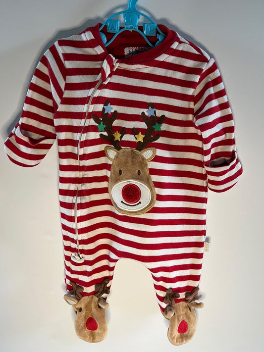 A baby footed sleeper with red and white stripes, featuring an embroidered reindeer face on the chest and matching reindeer foot covers on the legs,