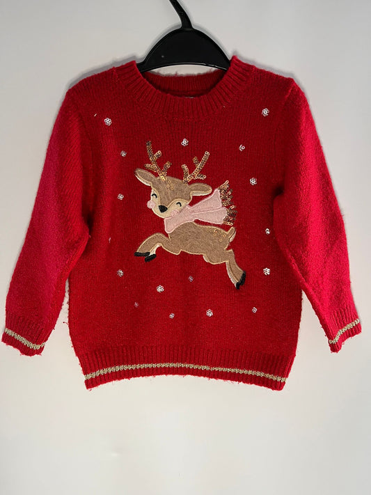 Preloved F&amp;F red reindeer Christmas jumper size 2 to 3 years. Little Drums.