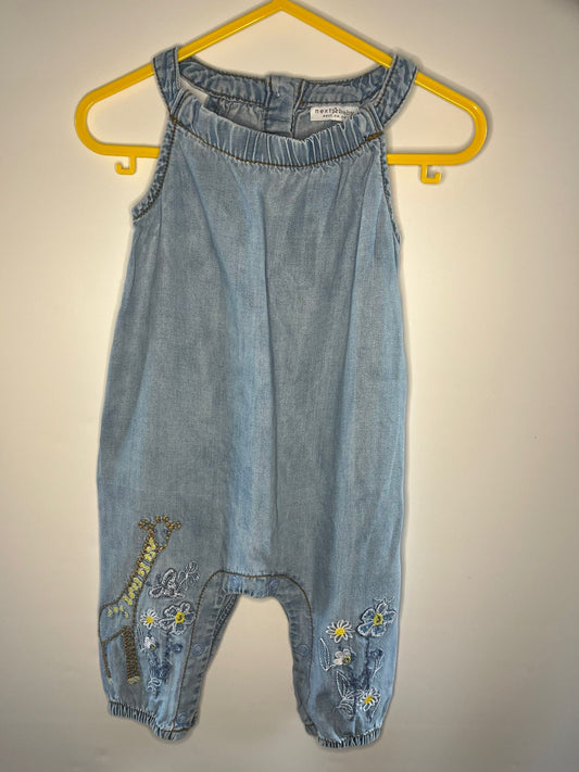 Blue denim baby romper with floral embroidery next preloved little drums 3-6 months 