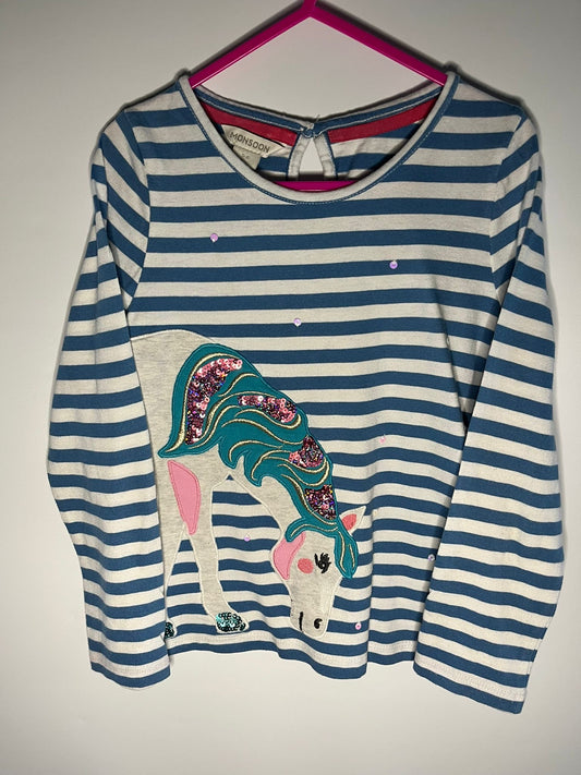 Striped long-sleeve shirt with a colorful unicorn design. Monsoon, Preloved little drums. size 5 to 6 years 