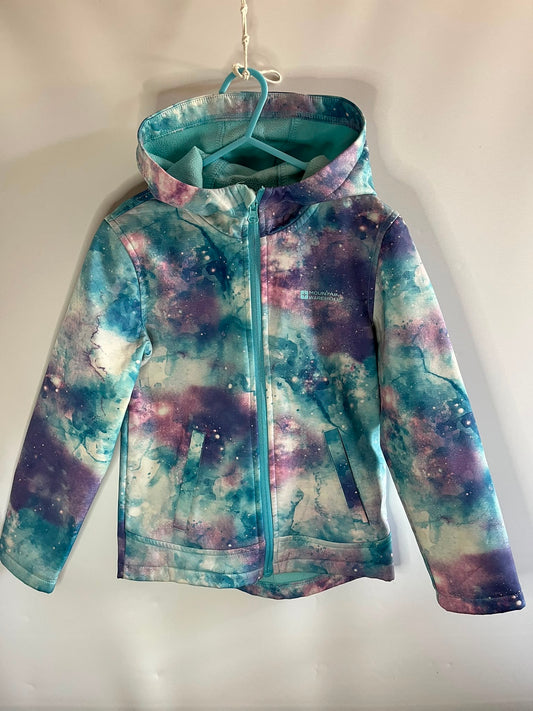 A hooded zip-up jacket with a colorful galaxy print in shades of teal, purple, pink, and blue, mountain warehouse jacket size 5-6 years preloved little drums