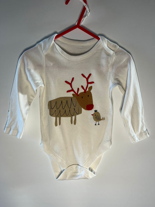 White baby onesie with reindeer and bird design Christmas preloved children clothing little drums 