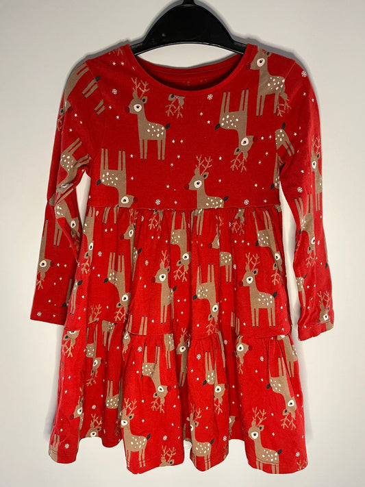 Preloved F&amp;F red reindeer dress size 3 to 4 years. Little Drums.
