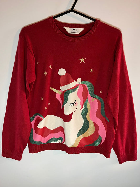 H&M red unicorn christmas Jumper - Preloved / Little drums 
