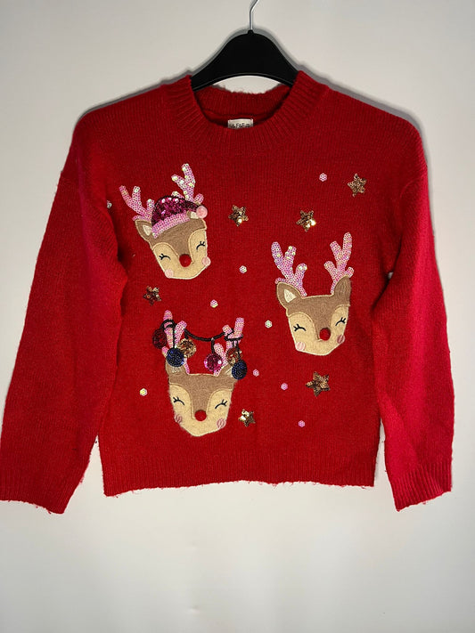 Preloved F&amp;F red reindeer Christmas jumper size 9 to 10 years. Little Drums.