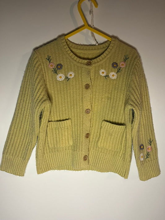 Yellow knitted cardigan with floral embroidery. Preloved, Nutmeg. Little Drums