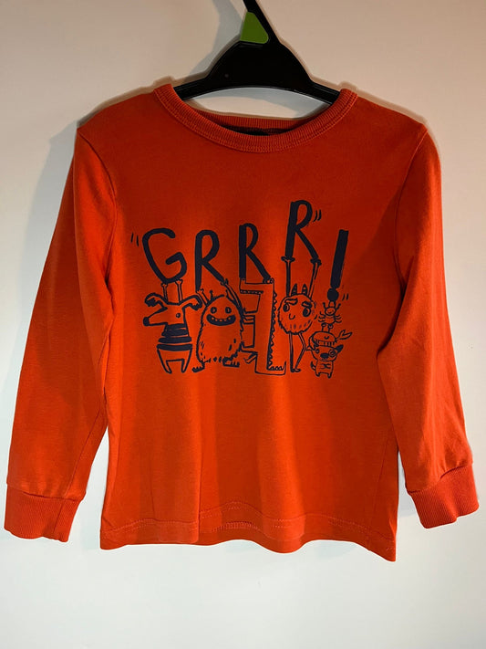 Orange long-sleeve shirt with black graphic and text. George, preloved little drums