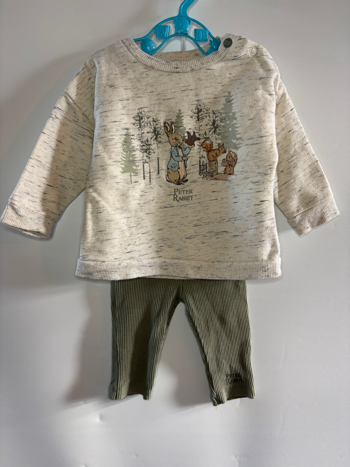 Toddler two-piece clothing set featuring a cream-colored long-sleeve shirt with a Peter Rabbit graphic print, paired with olive green corduroy pants, hanging on a blue hanger against a plain wall.