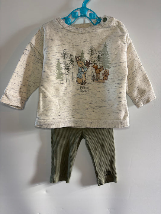 Toddler two-piece clothing set featuring a cream-colored long-sleeve shirt with a Peter Rabbit graphic print, paired with olive green corduroy pants, hanging on a blue hanger against a plain wall.