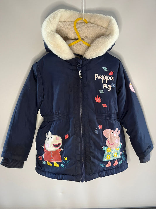 Navy blue thick peppa pig coat with hood. Preloved - Little Drums.