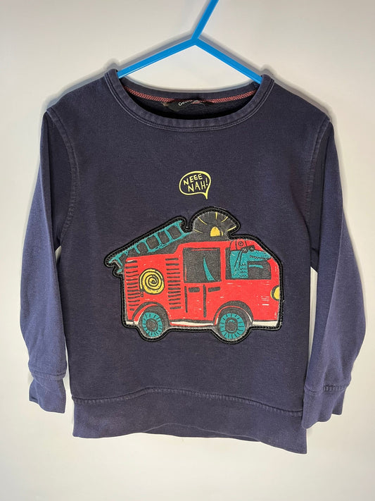Children's navy blue sweatshirt with red fire truck graphic preloved little drums