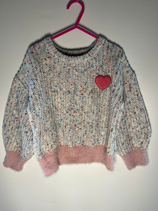 Preloved Primark Multicolored sweater with a red heart patch size 5 to 6 years. Little Drums