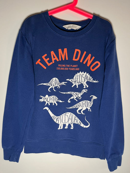 Blue sweatshirt with 'Team Dino' text and dinosaur graphics. H&M size 8-10 years. Preloved little drums