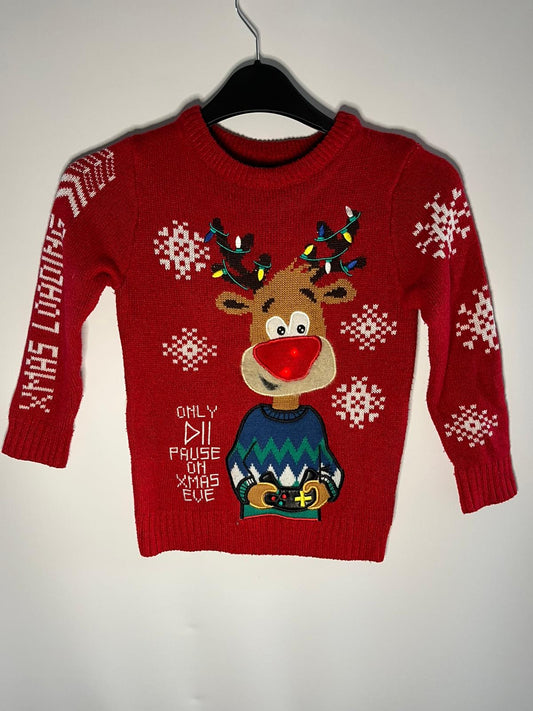 Preloved F&amp;F red reindeer jumper with light up nose size 5 to 6 years. Little Drums.