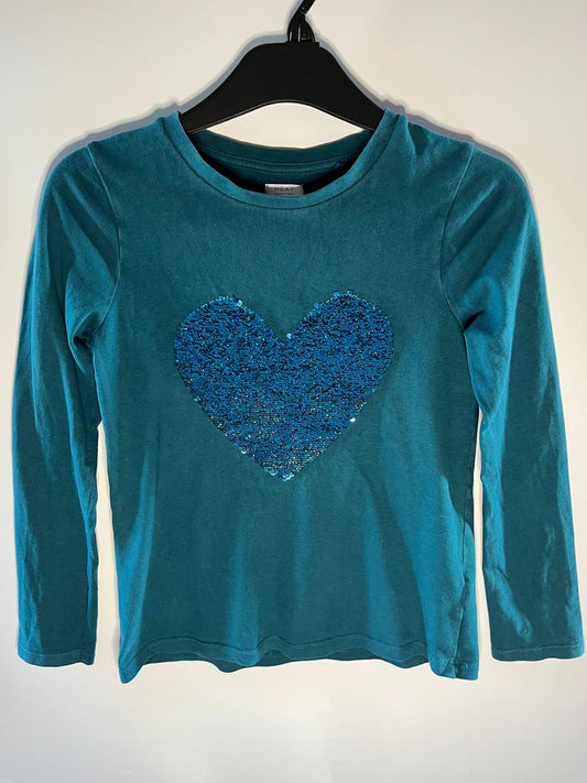 Teal long-sleeve shirt with a blue sequin heart, next preloved little drums 