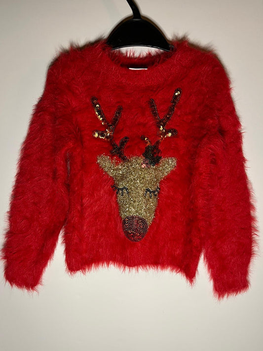 Preloved F&amp;F red fluffy reindeer Christmas jumper size 4 to 5 years. Little Drums