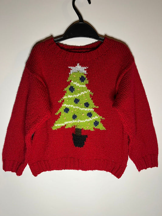 Preloved red handmade Christmas tree jumper. Size 3 to 4 years. Little Drums