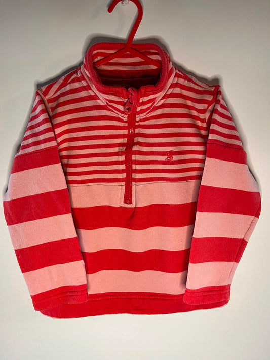 A red and pink striped long-sleeve quarter-zip pullover sweatshirt,
Joules preloved little drums 
