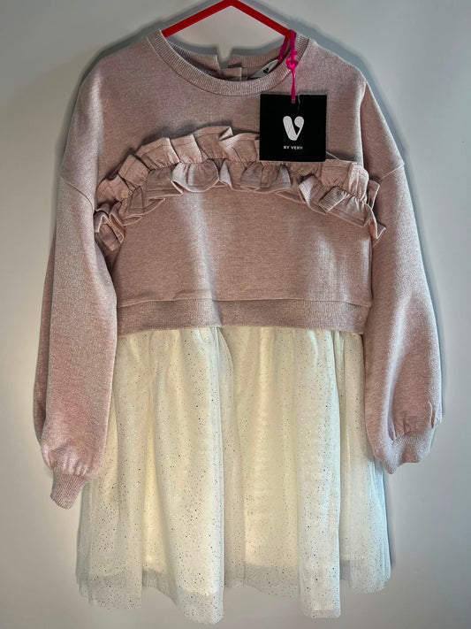A children's long-sleeve sweatshirt dress in dusty pink with a ruffled chest detail and a white tulle skirt overlay,very preloved little drums 