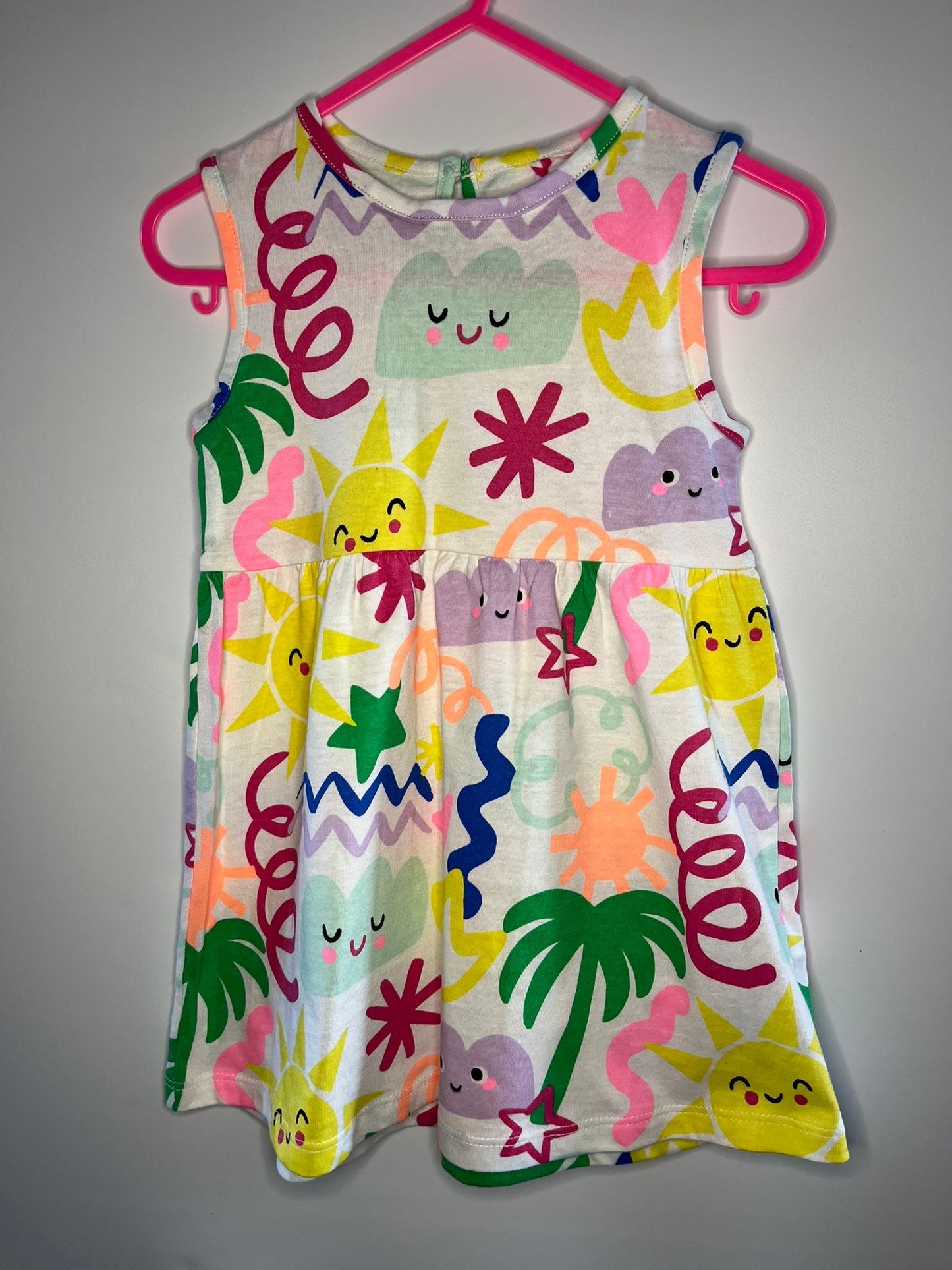 Colorful children's dress with cartoon designs sun and stars. Little drums preloved F&F dress 9-12 months 
