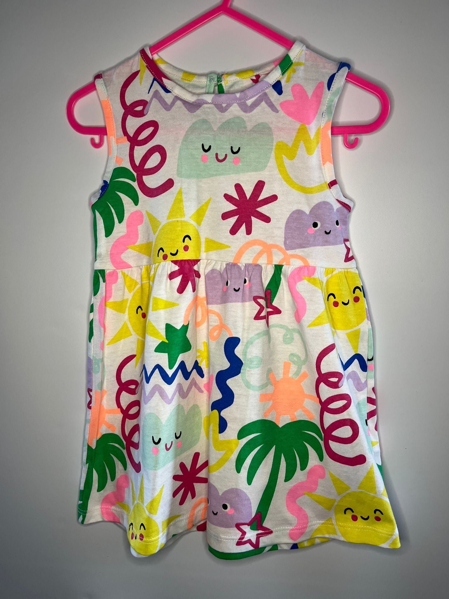 Colorful children's dress with cartoon designs sun and stars. Little drums preloved F&F dress 9-12 months 