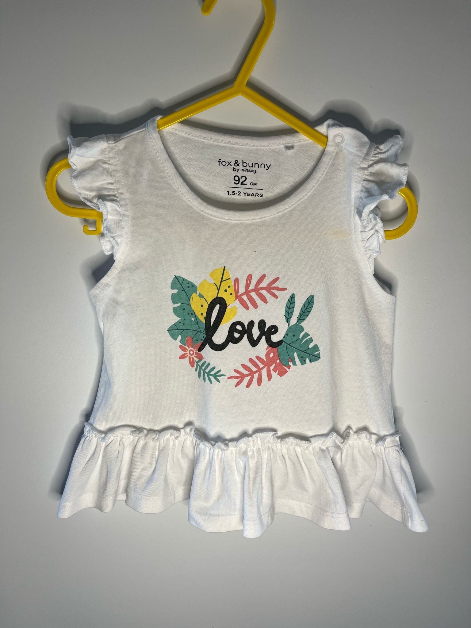 Preloved Fox &amp; Bunny white top size 92cms 1 1/2 - 2 years. Little Drums
