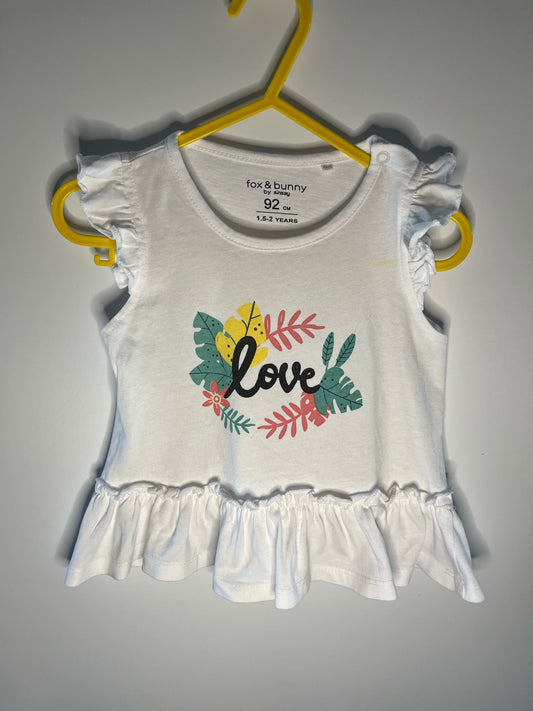 Preloved Fox &amp; Bunny white top size 92cms 1 1/2 - 2 years. Little Drums