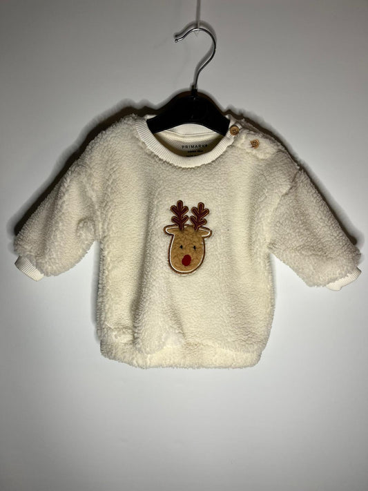 Preloved Primark cream reindeer Christmas jumper size 3 to 6 months. Little Drums.