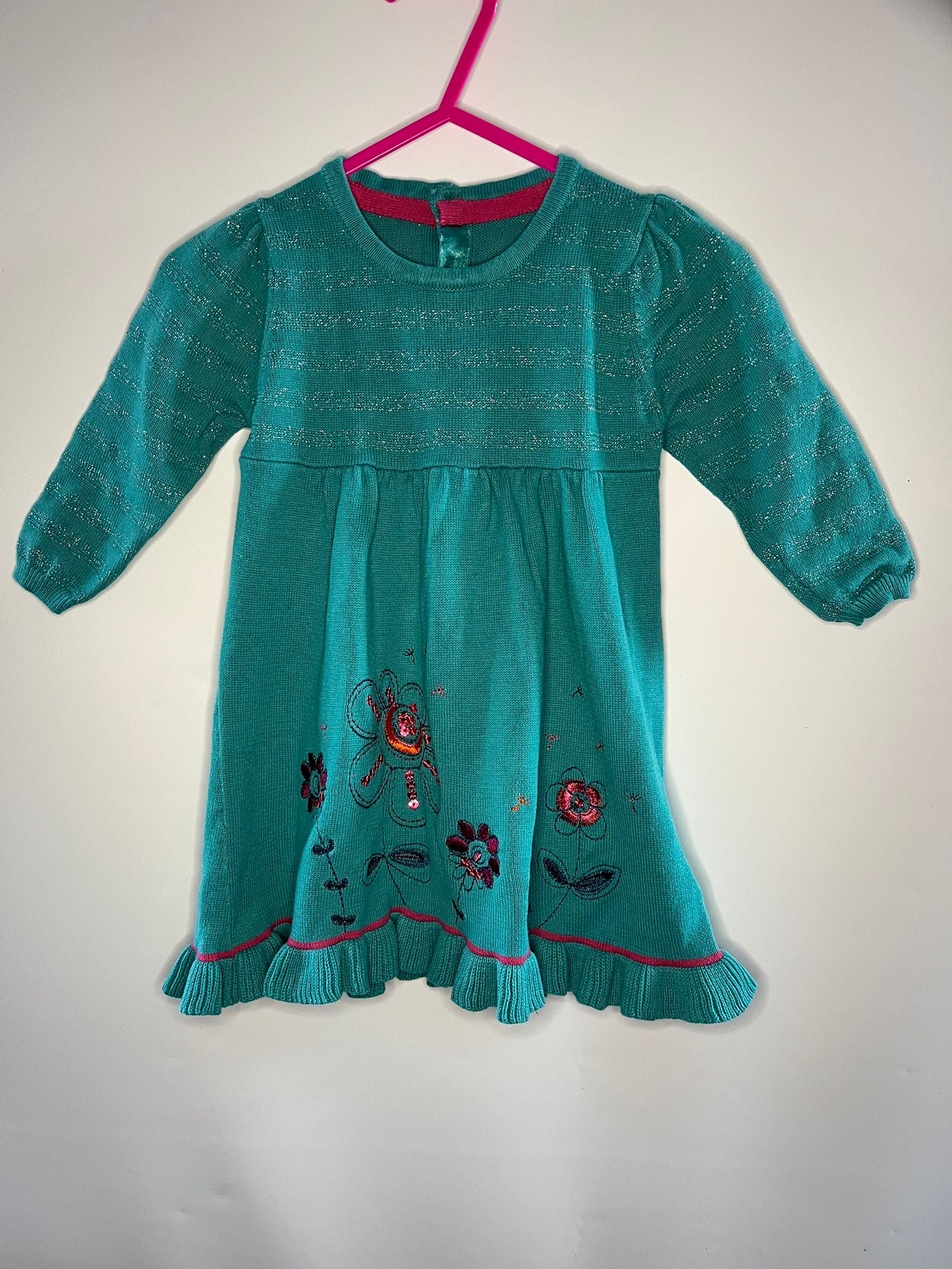 Teal dress with floral embroidery M&S preloved little drums baby dress 3-6 months 
