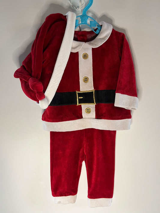 A baby Santa Claus costume set in red plush velvet with white faux fur trim, a black belt, and gold-tone buckle,