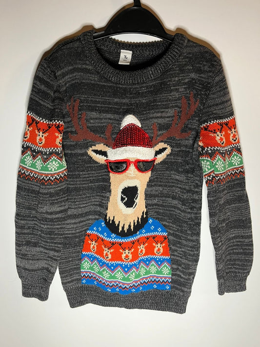 Preloved TU grey reindeer Christmas jumper size 8 years. Little Drums