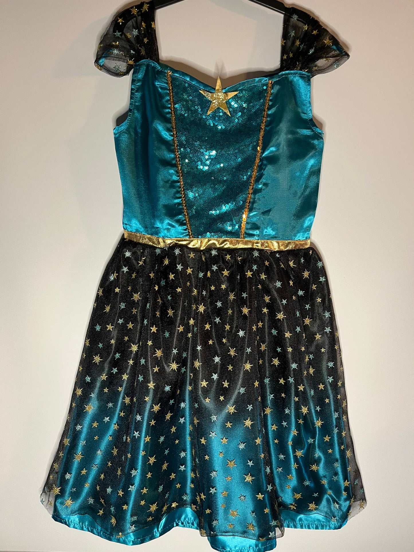 Teal dress with gold stars dress up, George size 9 to 10 years. preloved little drums