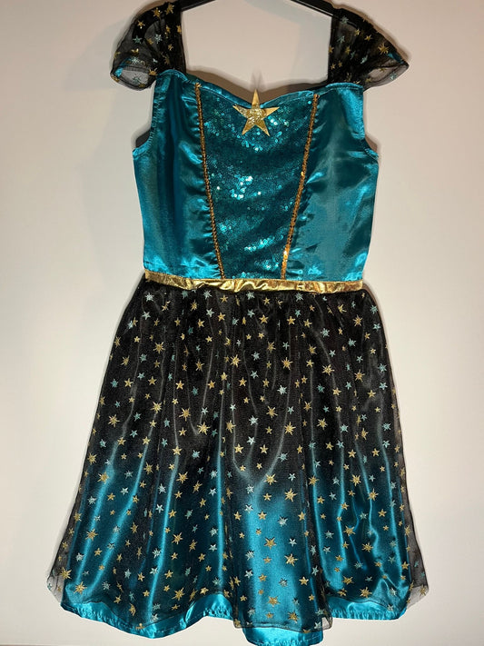 Teal dress with gold stars dress up, George size 9 to 10 years. preloved little drums
