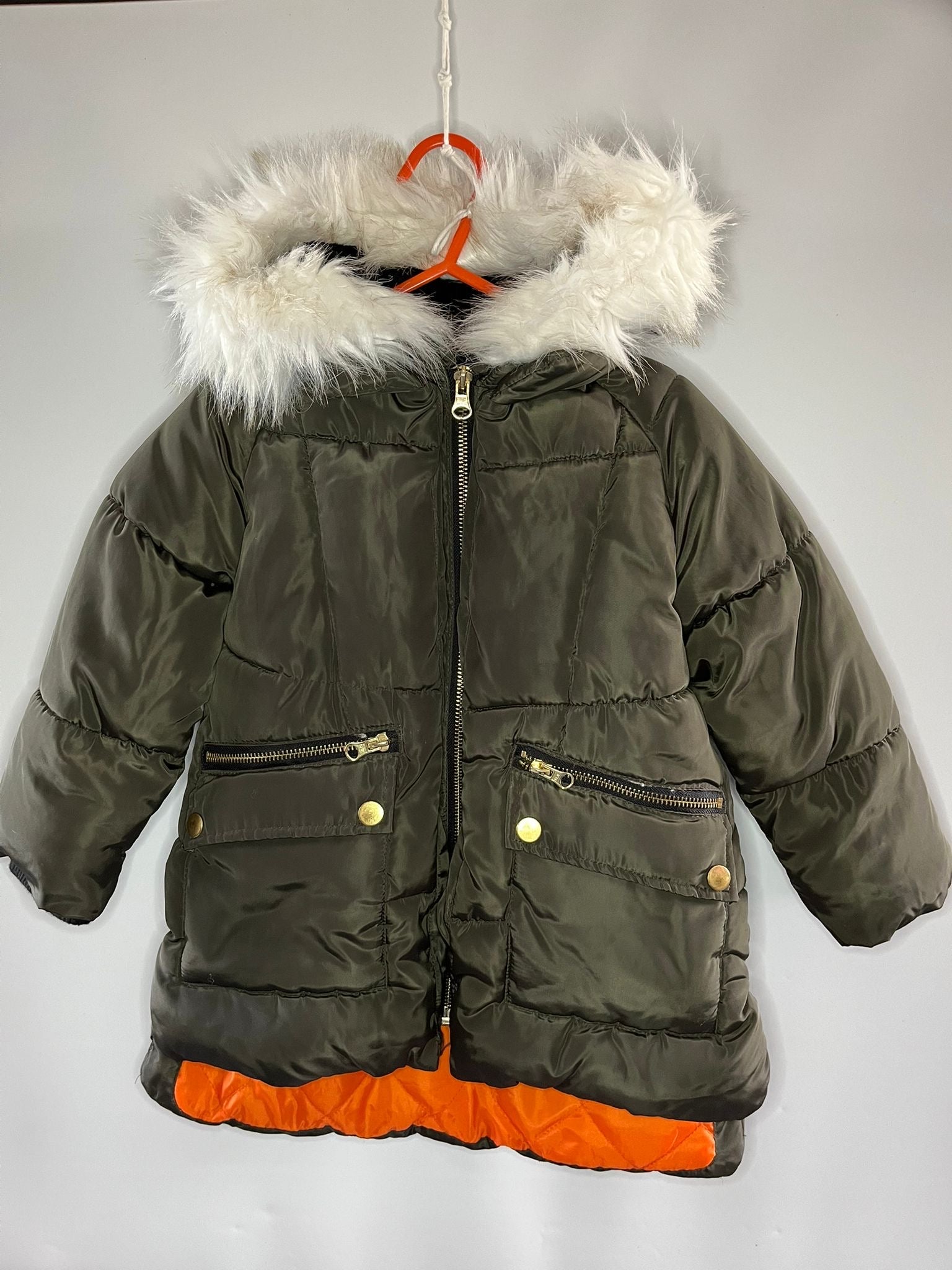 Green winter jacket with fur hood and orange interior lining Matalan preloved coat 