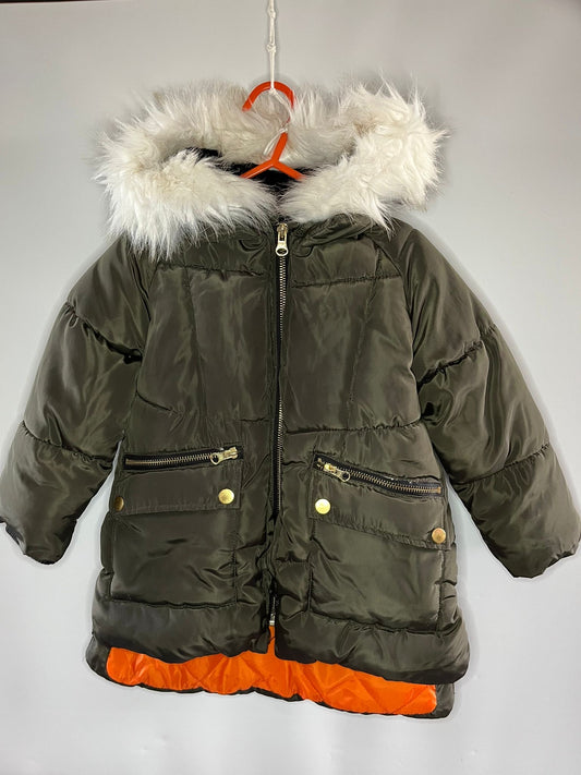 Green winter jacket with fur hood and orange interior lining Matalan preloved coat 